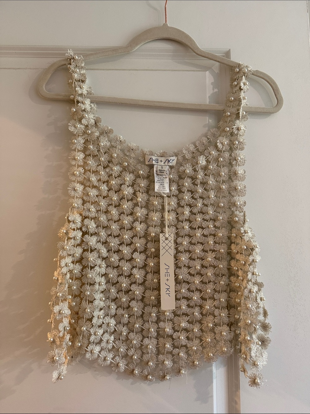She + Sky Pearl-Embellished Cream Crochet Top